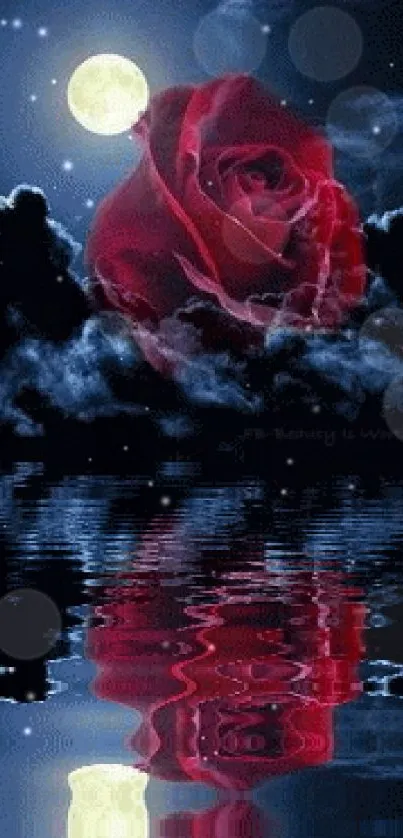 Moonlit scene with red rose reflected on calm water.