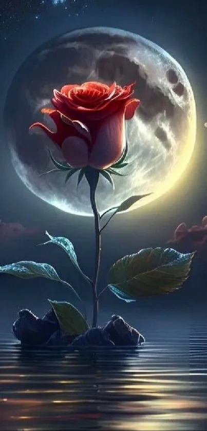 A red rose glows under a full moon reflecting on water.