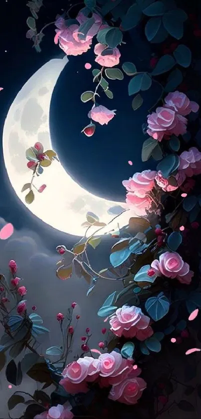 Moonlit rose vine wallpaper with night sky backdrop.