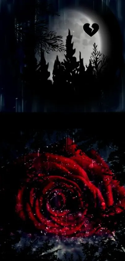 Dark wallpaper with a red rose and moonlit night.