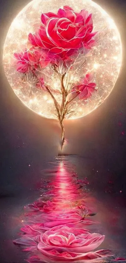 Moonlit roses reflecting on tranquil water.