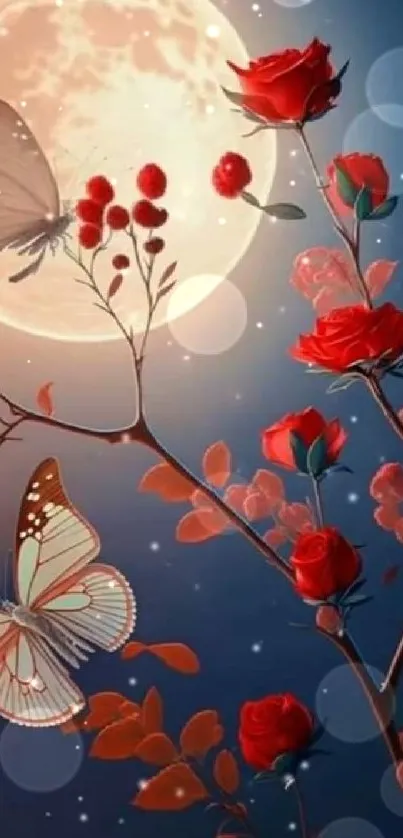 Red roses and butterflies under a full moon in a serene night scene.