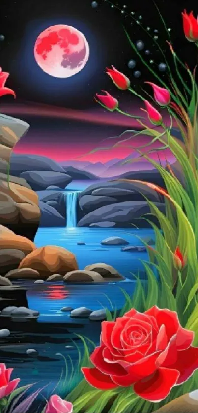 Moonlit scene with red roses and a waterfall at night.