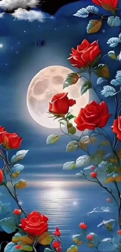 Vibrant red roses under a glowing moonlit night sky.