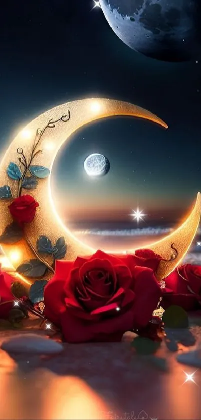 Glowing crescent moon with red roses on a beach under a starry sky.