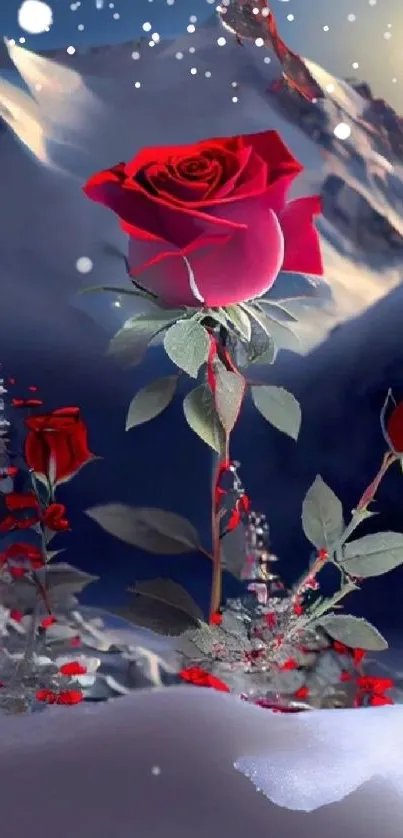 Red roses and snowy mountains under a full moon.