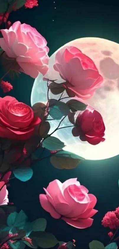 Moonlit night with pink and red roses under a glowing full moon.