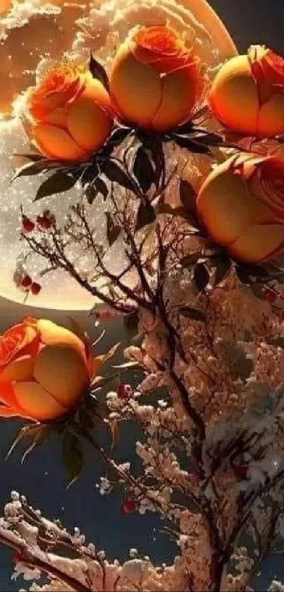 Orange roses illuminated by moonlight in artistic wallpaper design.