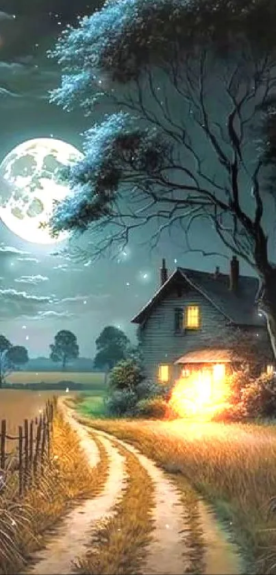 Moonlit scene with cottage and glowing moon in the countryside.