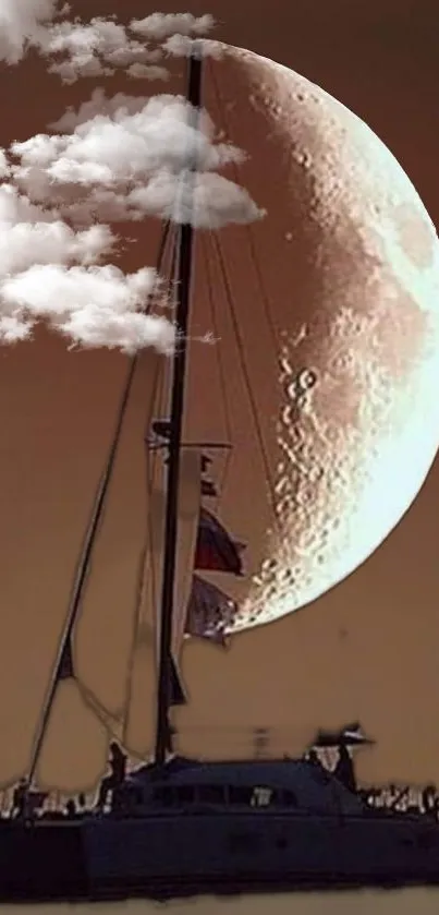 Silhouetted sailboat against a brown sky with a large moon and fluffy clouds.