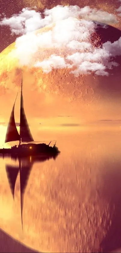 Sailboat under a golden moonlit sky with calm water reflections.