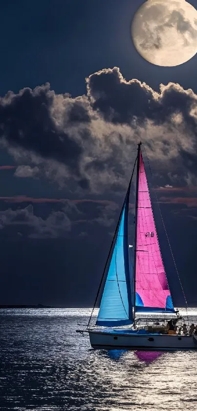 Sailboat under full moon with colorful sails.