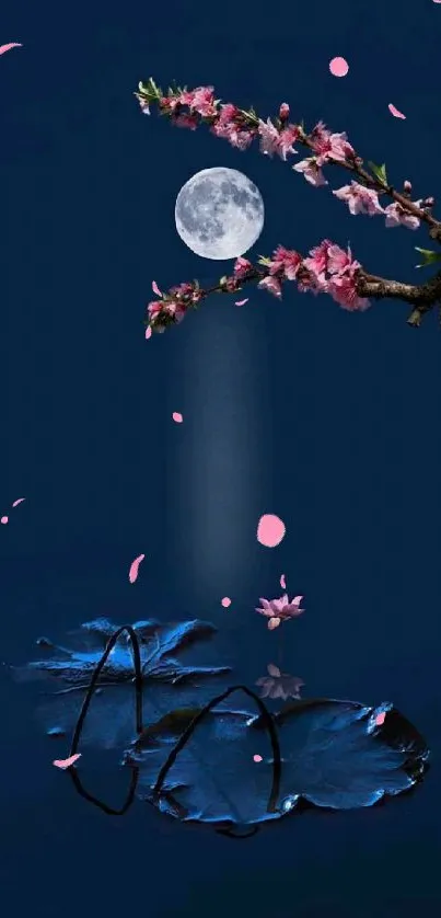 Sakura branch reflecting under full moon on a calm night.