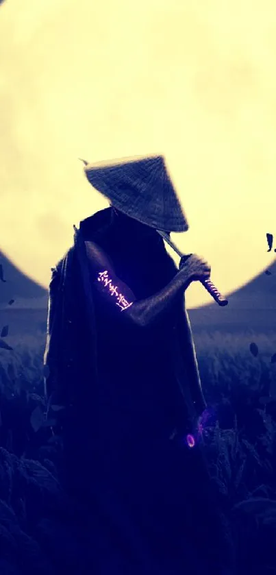 Samurai silhouette in moonlit field against a full moon night sky.