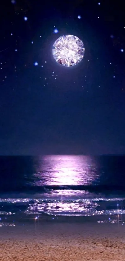 Moonlit ocean nightscape with stars reflecting on the beach.