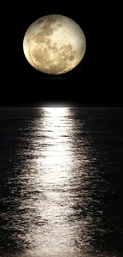 Full moon reflecting over a calm ocean at night.