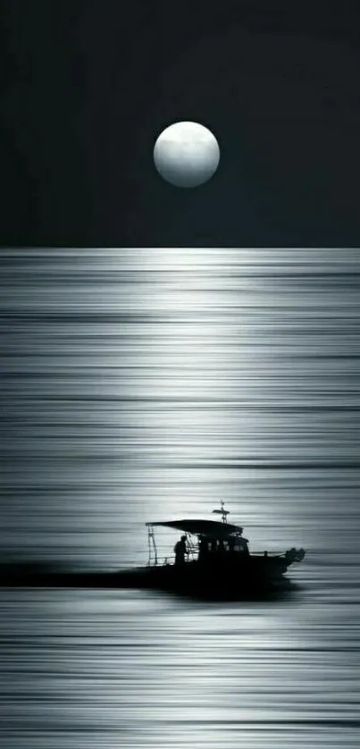 Boat sailing under a full moon on calm reflective waters.