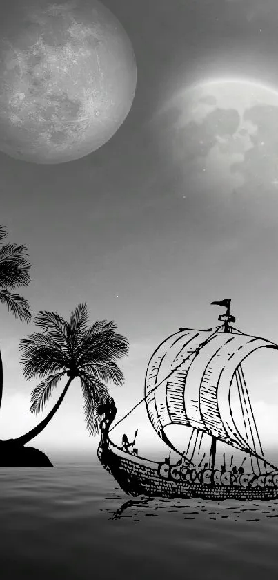 Artwork of a moonlit sea with a vintage ship and palm trees.