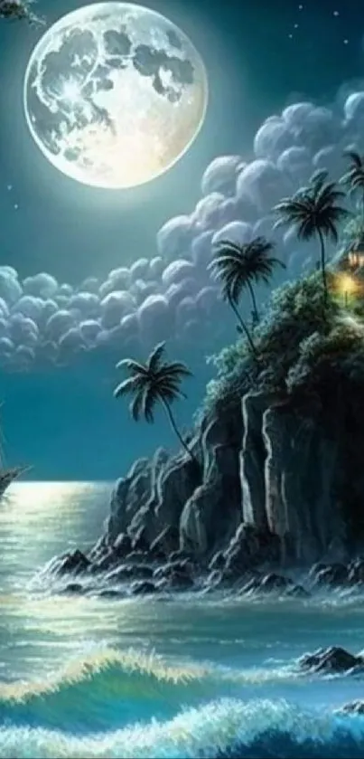 Moonlit night with a sailing ship and ocean waves under a starry sky.