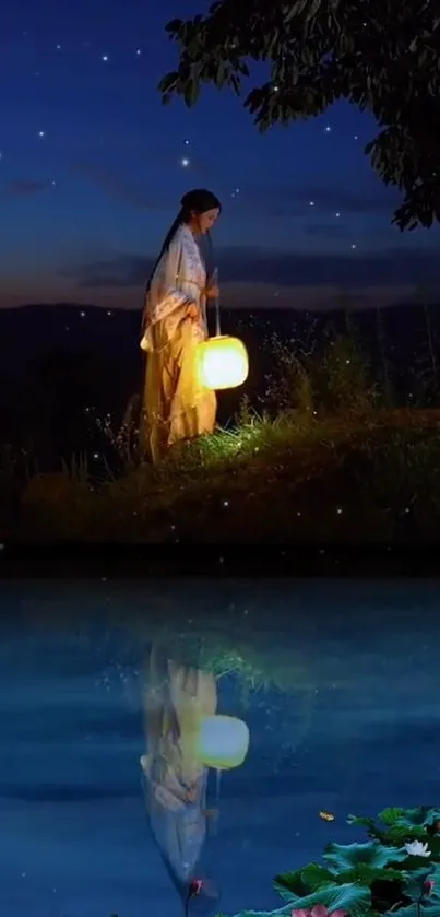 Peaceful night scene with woman and lantern by water under moonlight.