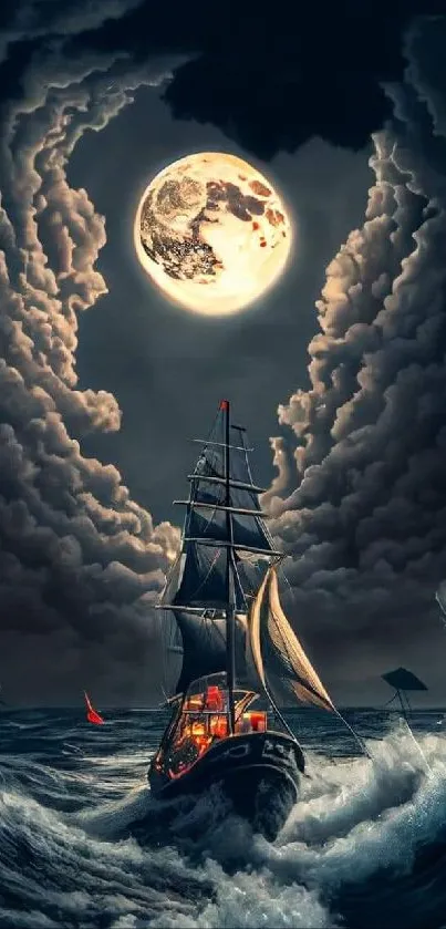 A ship sails under a full moon in a stormy ocean at night.