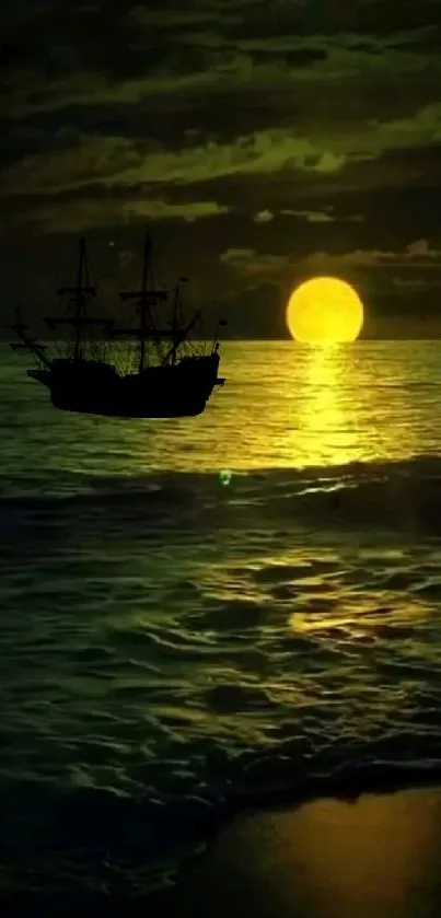 Ship sailing under a moonlit sky at sea with glowing reflections.