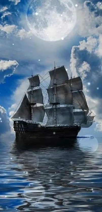 Ship sailing under a full moon with clouds and ocean reflection.