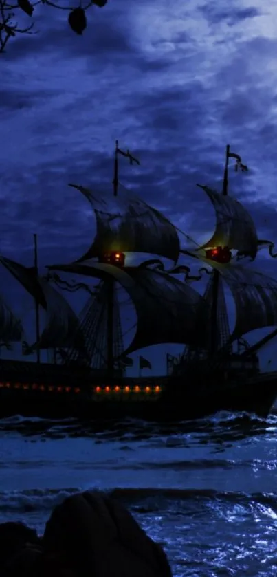 Majestic ship sailing under moonlit sky on ocean waves in serene wallpaper.