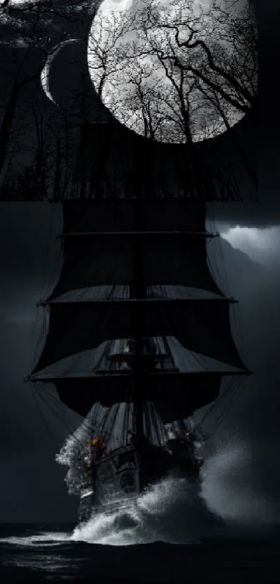 Ship sailing under a moonlit sky, with dark and eerie surroundings.