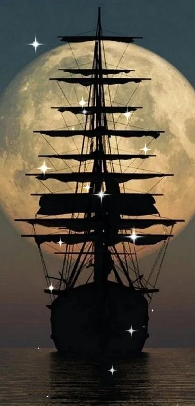 Ship silhouette against a full moon on the ocean at night.