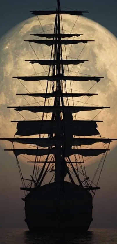 Silhouette of a ship against a full moon at night.