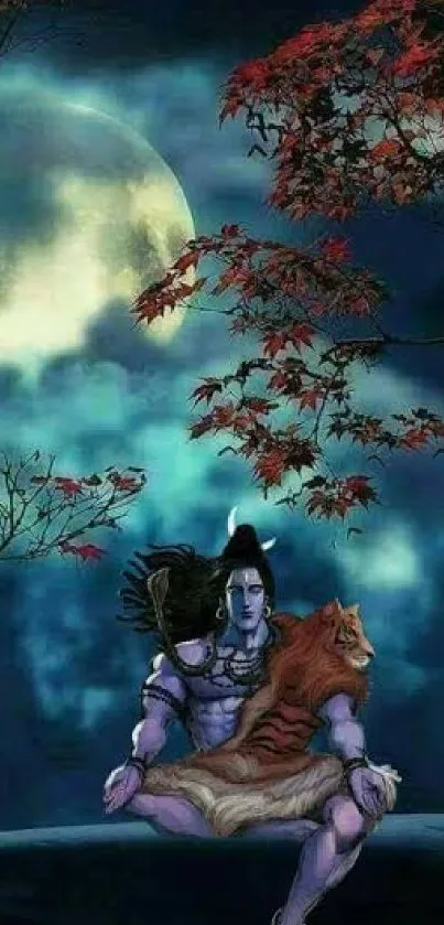 Shiva sitting beneath a moonlit sky with serene, spiritual ambiance in vibrant colors.