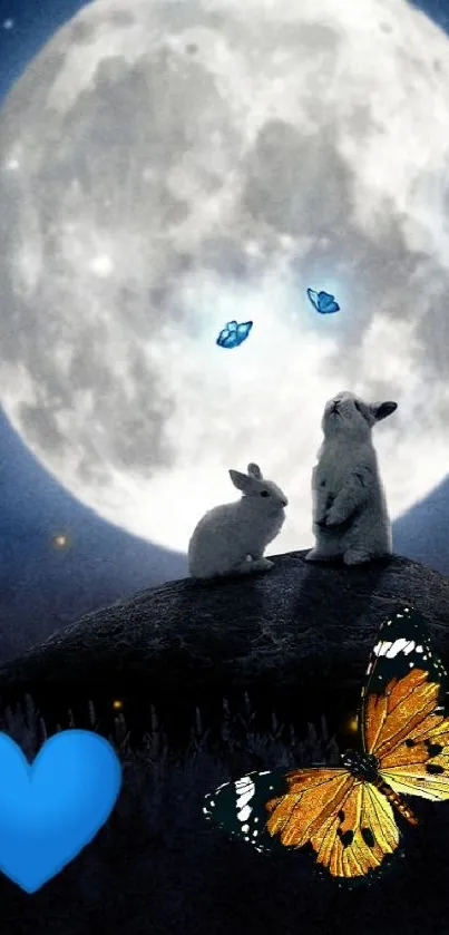 Silhouetted animals beneath a full moon with butterflies and a glowing heart.