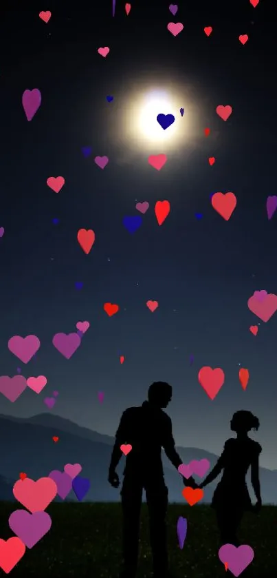 Silhouetted couple holding hands under a bright moon in a starry night sky.