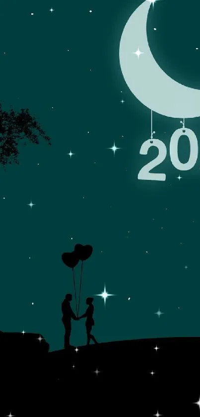 Silhouette of couple under a crescent moon in 2021 night.