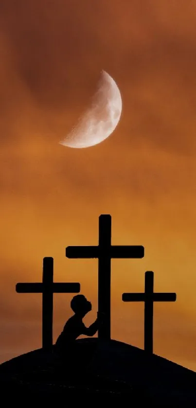 Silhouette scene with crosses under a glowing moonlit sky.