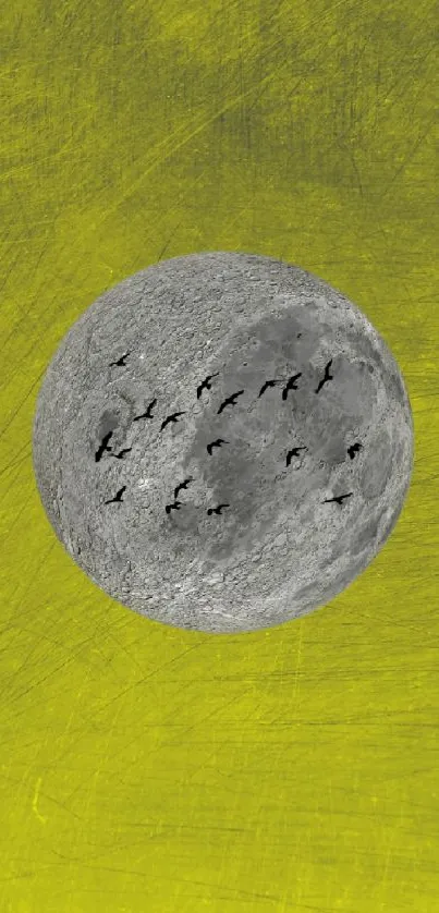 Artwork of flying birds silhouetted against a yellow moon.