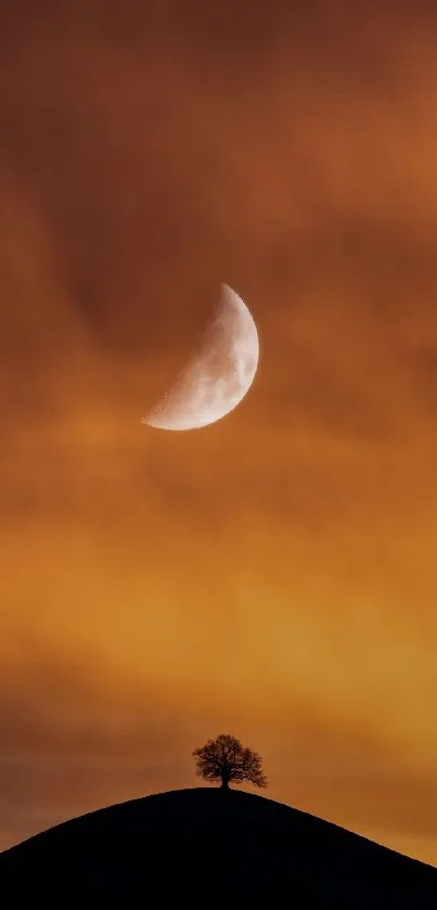 Vibrant orange sky with silhouette tree and moon.