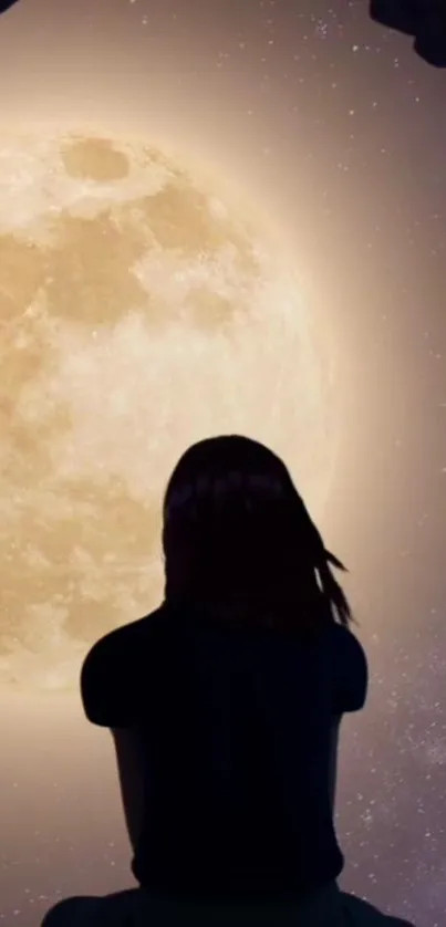 Silhouetted figure gazes at a glowing full moon against a starry night sky.