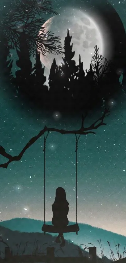 Silhouette of girl on swing with moonlit background and a cat.