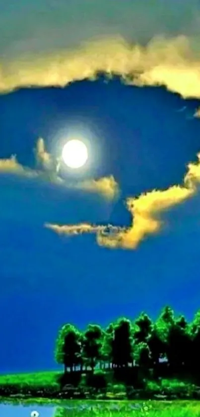 Moon shining through clouds over forest and lake under blue sky.