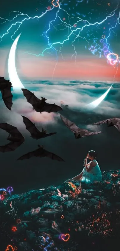 Mystical moonlit sky with bats and lightning, ideal for fantasy lovers.