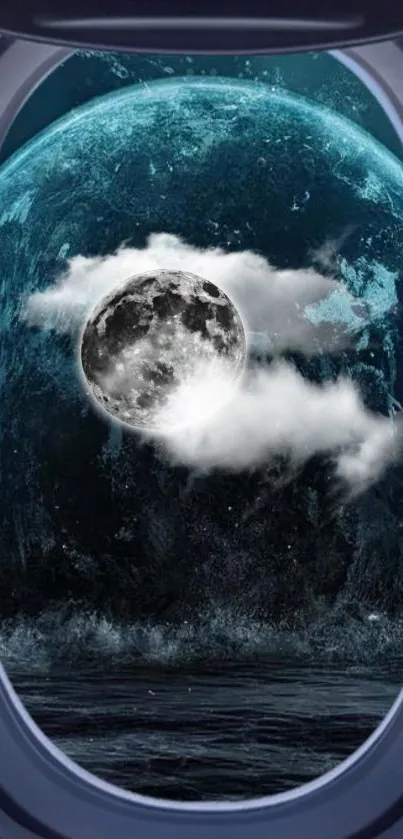 View of moon and clouds through an airplane window in a dark blue night sky.