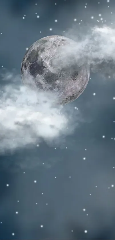 Moonlit night sky with clouds and stars.