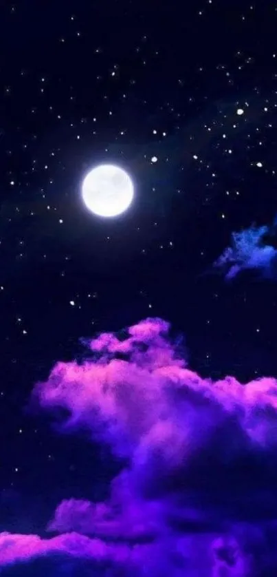 Moonlit night sky with purple clouds and glowing stars.