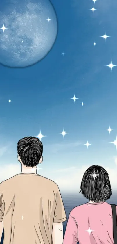 Two people gaze at a starry sky with a moon.