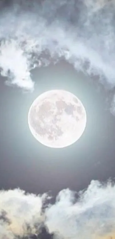 Peaceful night scene with full moon and clouds in the sky.