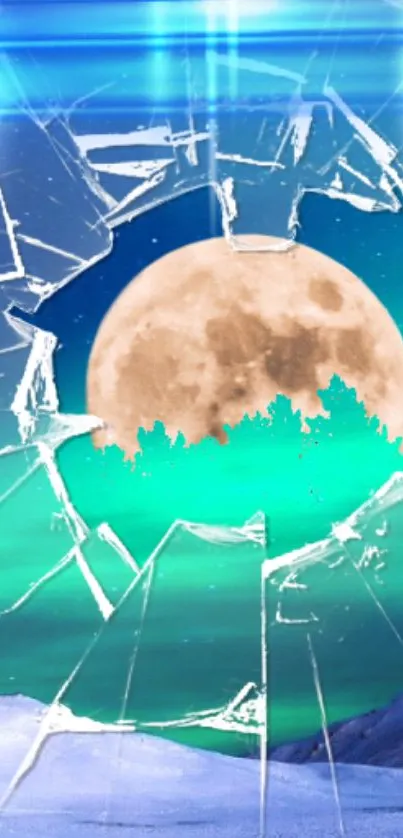 Full moon and aurora through shattered glass wallpaper.