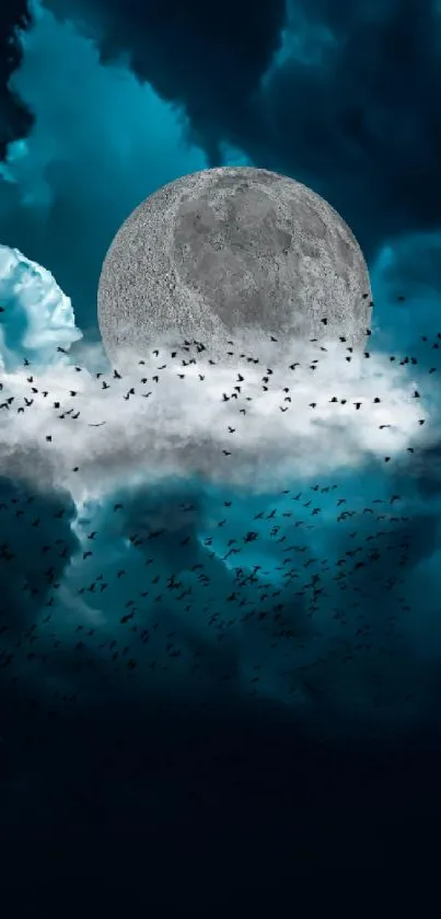 Moonlit night sky with birds and clouds in deep blue hues.