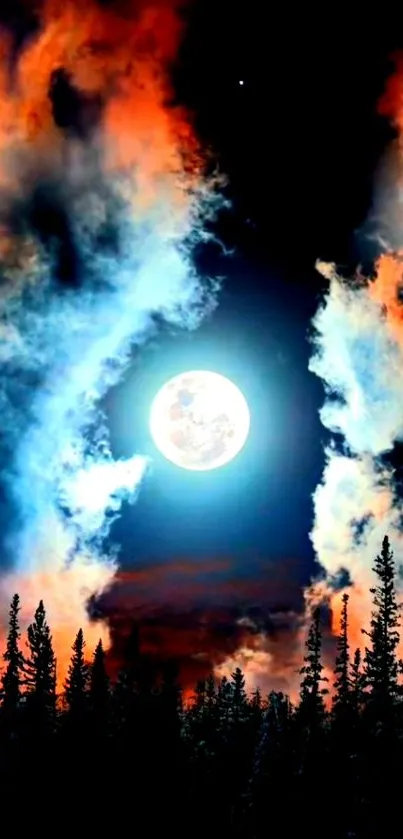 Moonlit night with fiery clouds over a dark forest.